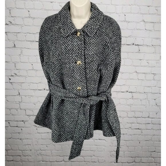 Draper James Black White Wool Blend Tweed Belted Sleeveless Cape Coat Size M/L - Picture 2 of 16